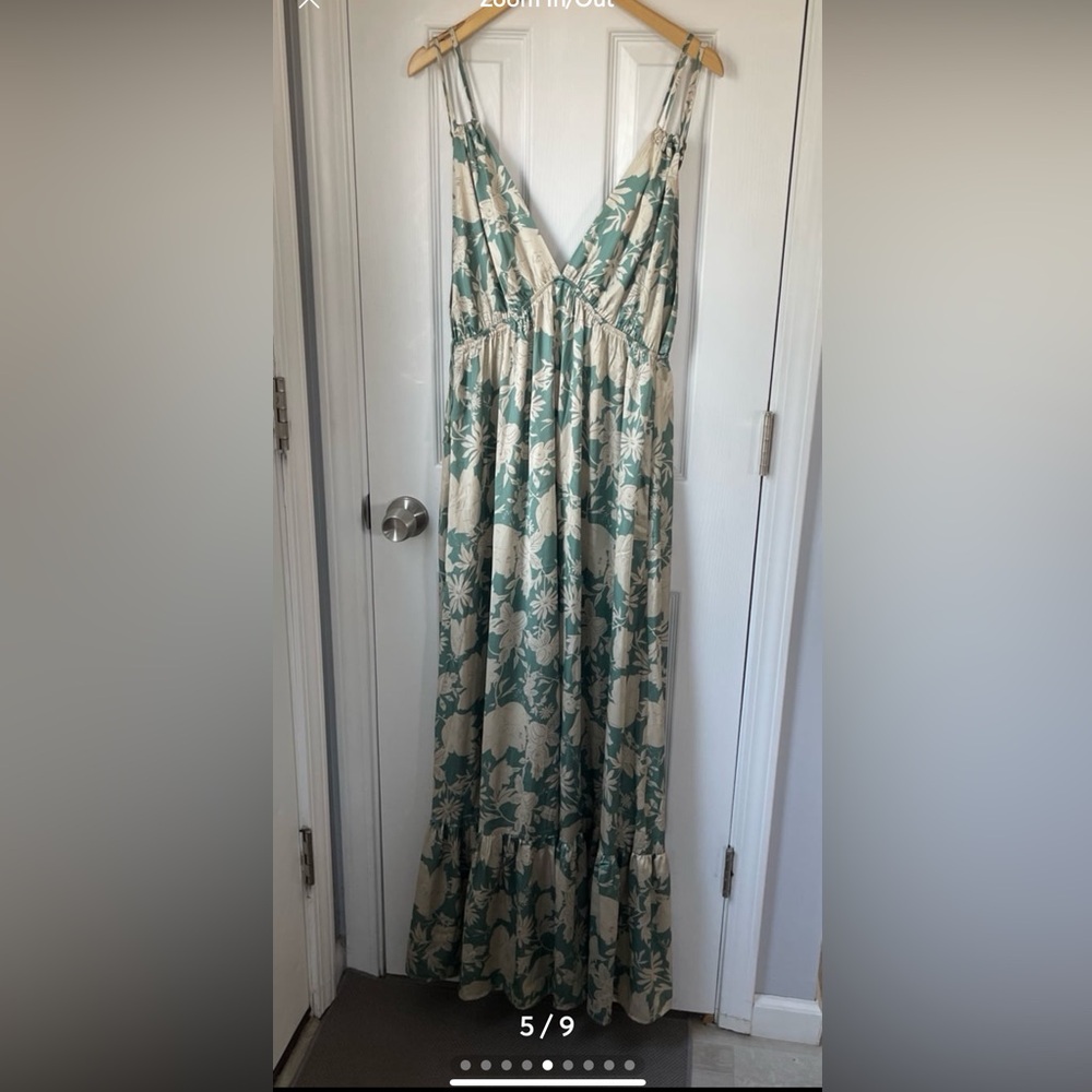 NEW FLORAL SATIN GREEN & CREAM MAXI DRESS WITH DOUBLE STRAPS - Picture 6 of 8
